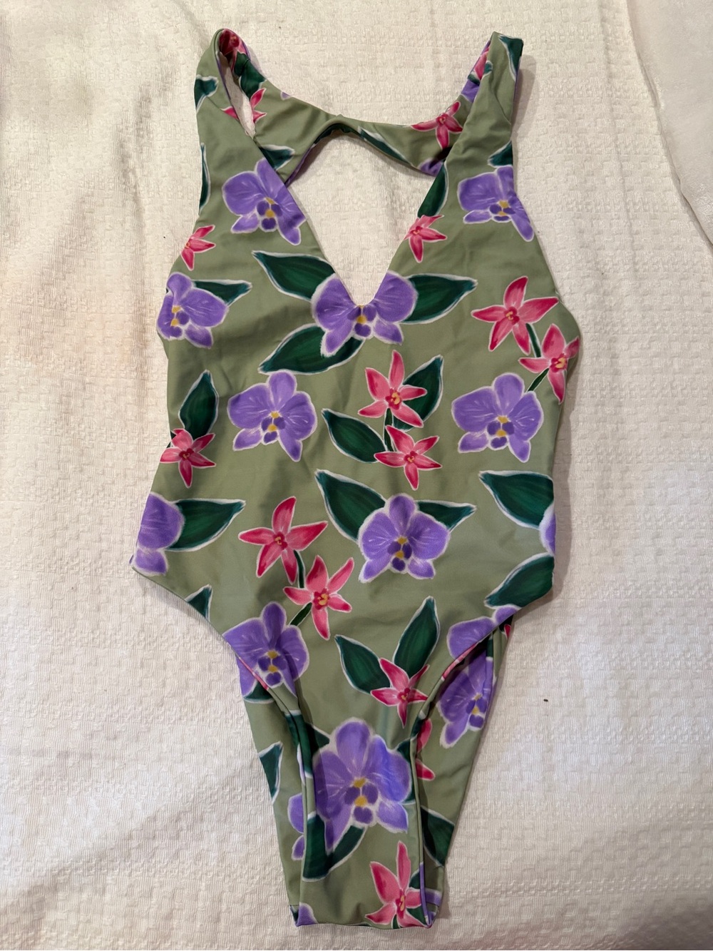 Benoa Swim Olive Floral One-Piece Swimsuit with Purple and Pink Blooms